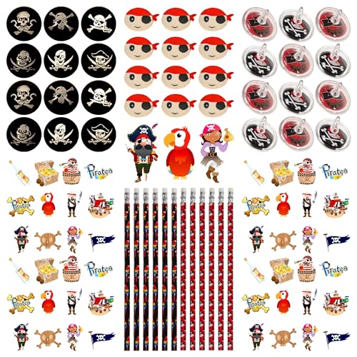 PartyPack Piraten Party Set - 96x - Kindergeburtstag Spiele Gastgeschenke Flummis Tattoos Bleistifte Radiergummis Kreisel Mitgebsel Give Aways, Mitbringsel, Adventskalender oder Schultüten füllung. von PartyPack