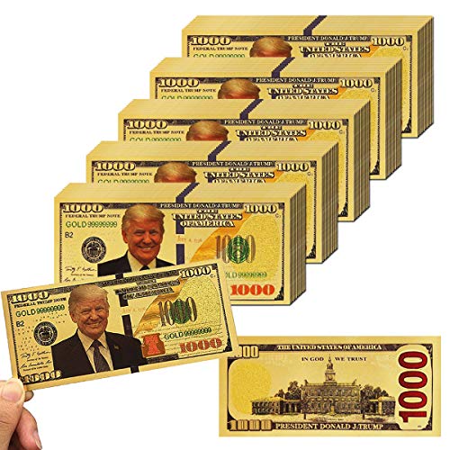 PartyYeah Trump 1000 Dollar Bill Banknote, Tausend 24 Karat Gold beschichtet Trump Legacy Limited Edition Million Dollar Bill Tolles Geschenk für Münzgeld-Sammler und Republikaner (50 Stück) von PartyYeah
