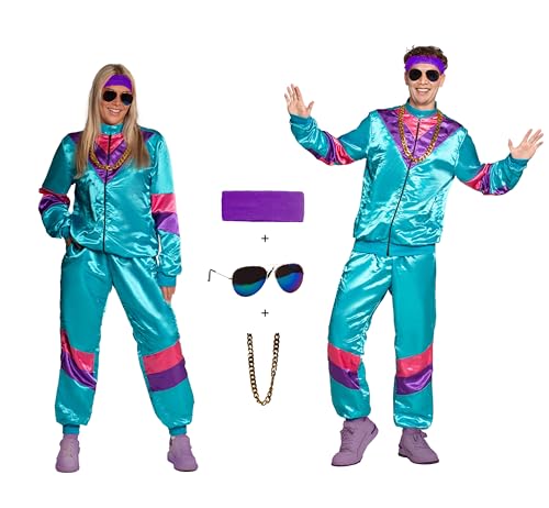 Partychimp Disco Trainingsanzug Kostüm, 80er Jahre Outfit Damen und Herren, Jogginganzug Karneval Retro Shell Suit Unisex, Blau - Jacke, Hose, Stirnband, Kette und Brille - Größe L Partychimp Disco Trainingsanzug Kostüm, 80er Jahre Outfit Damen und Herren, Jogginganzug Karneval Retro Shell Suit Unisex, Blau - Jacke, Hose, Stirnband, Kette und Brille - Größe L von Partychimp