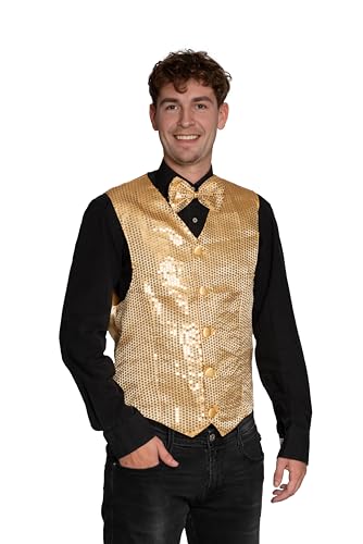 Partychimp Glitzer Weste mit Fliege Herren Set Pailletten, Karneval Kostüm Herren Disco, Gold – Größe M von Partychimp