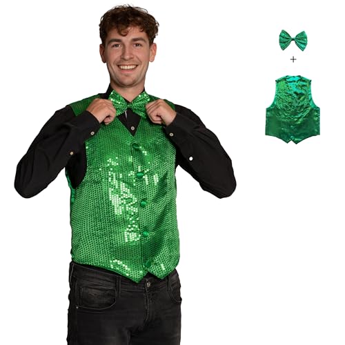 Partychimp Glitzer Weste mit Fliege Herren Set Pailletten, Karneval Kostüm Herren Disco, Grün – Größe L von Partychimp