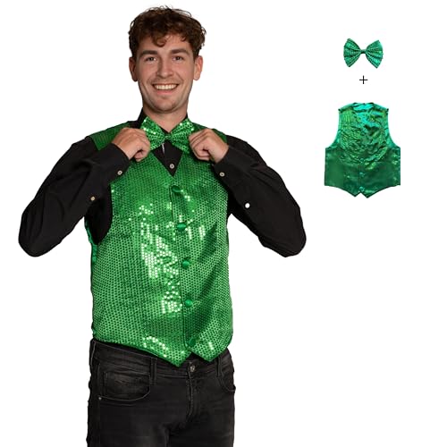 Partychimp Glitzer Weste mit Fliege Herren Set Pailletten, Karneval Kostüm Herren Disco, Grün – Größe XL von Partychimp