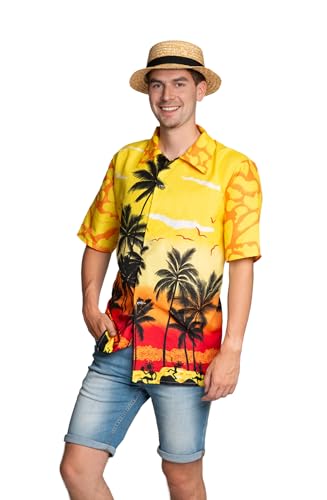 Partychimp Hawaii Hemd Männer Hawaiihemd Herren Kurzarm, Palmen Kostüm Sommerparty Sommerhemd Hawaiianische Kleidung, Gelb - Größe 2XL von Partychimp