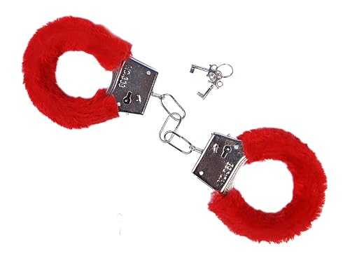 Plüsch Handschellen aus Metall inkl. 2 Schlüsseln - Halloween Karneval Fasching Kostüm Accessoire - Handcuffs - Party Zubehör - Rot von PartyDeco