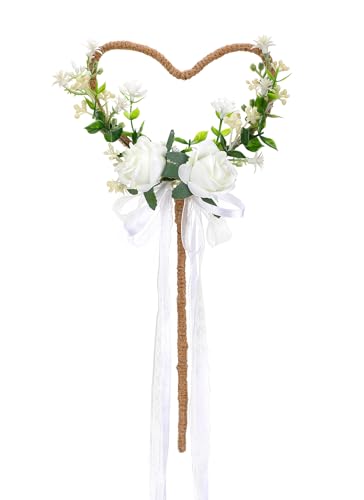 PartyforU Blumenmädchen Zauberstab - Zauberstab mit Herz und Band für Waldhochzeit oder Brautparty, Weiss/opulenter Garten, Standard von PartyforU