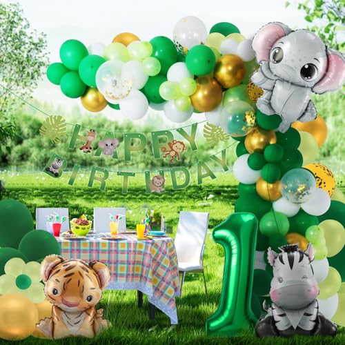 Partyhausy 1. Geburtstag Junge Mädchen 1 Jahr Dschungel Dekoration Waldtiere Folienballon, Safari Kindergeburtstag Deko Wild One, Tiere Luftballon Geburtstagsdeko, (ouhan-088) von Partyhausy
