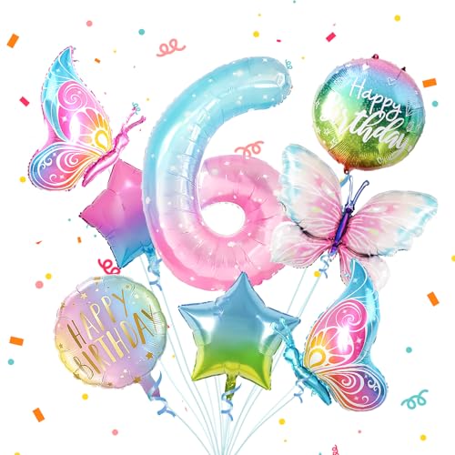 6 Schmetterling Geburtstag Deko Mädchen,8pcs Bunt Schmetterlinge Folienballon 6，Zahlen Luftballon 6 Jahre Geburtstagsdeko für 2. Geburtstag Mädchen Deko von Partyhausy