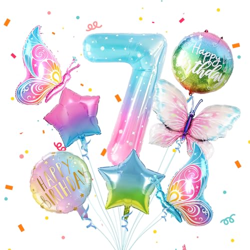 7 Schmetterling Geburtstag Deko Mädchen,8pcs Bunt Schmetterlinge Folienballon 7，Zahlen Luftballon 7 Jahre Geburtstagsdeko für 7. Geburtstag Mädchen Deko von Partyhausy