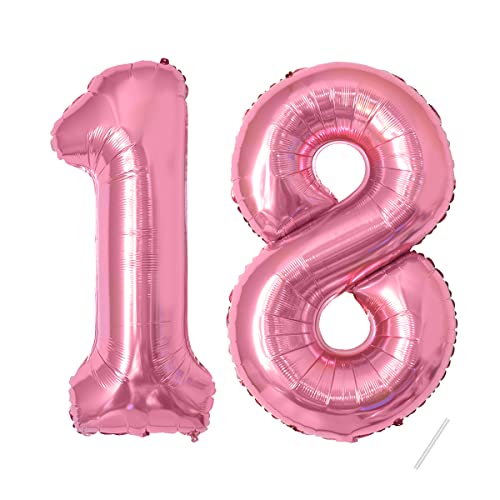 18 Geburtstag Deko 18 luftballon| Rosa Folienballon-40"-101cm 18 Geburtstagsdeko Mädchen Junge- 18 Ballon Zahl Deko zum Geburtstag fliegt mit Helium 18.Geburtstag für Männer Frauen von Partyhausy