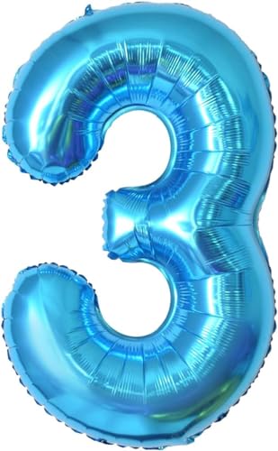 Geburtstag zahlen luftballon 3 jahre | Blau Folienballon 3 XXL -Riesen Folienballon in 40" - 101cm Geburtstagsdeko - Ballon Zahl Deko zum Geburtstag .Fliegt mit Helium von Partyhausy