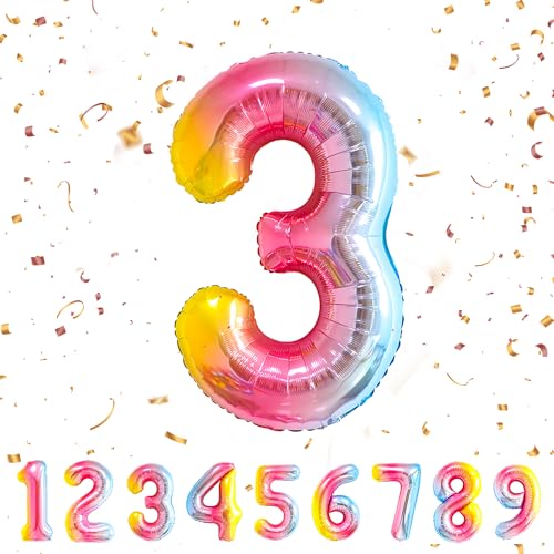 Geburtstag zahlen luftballon 3 jahre | Regenbogen Folienballon 3 XXL -Riesen Folienballon in 40" - 101cm Geburtstagsdeko - Ballon Zahl Deko zum Geburtstag .Fliegt mit Helium von Partyhausy