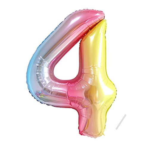 Geburtstag zahlen luftballon 4 jahre | Regenbogen Farbverlauf-Riesen Folienballon 4 XXL Folienballon in 40" - 101cm Geburtstagsdeko - Ballon Zahl Deko zum Geburtstag - fliegt mit Helium von Partyhausy