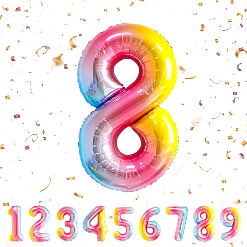 Geburtstag zahlen luftballon 8 jahre | Regenbogen Folienballon 8 XXL -Riesen Folienballon in 40" - 101cm Geburtstagsdeko - Ballon Zahl Deko zum Geburtstag .Fliegt mit Helium von Partyhausy