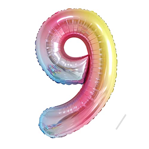 Geburtstag zahlen luftballon 9 jahre | Regenbogen Farbverlauf-Riesen Folienballon 9 XXL Folienballon in 40" - 101cm Geburtstagsdeko - Ballon Zahl Deko zum Geburtstag - fliegt mit Helium von Partyhausy