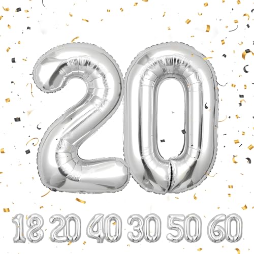 Geburtstag zahlen luftballon 20 jahre | Folienballon Sliber- Folienballon in 40"-101cm Geburtstagsdeko - Ballon Zahl Deko zum Geburtstag fliegt mit Helium für Männer Frauen 20.Geburtstags von Partyhausy