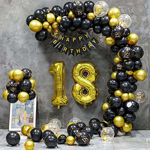 18 Geburtstag Deko, 18 Geburtstag Mädchen Junge , 18 Jahre Geburtstagdeko, Happy Birthday Girlande Ballon Schwarz Gold Dekoration, Deko 18 Geburtstag Konfetti Luftballons Birthday Party Mann Frauen von Partyhausy