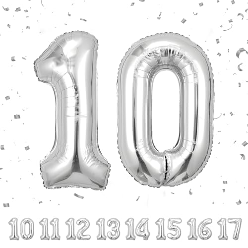 Zahlen luftballon 10 jahre | Sliber Folienballon-40"10 Geburtstagsdeko -10 Ballon Zahl Deko zum Geburtstag fliegt mit Helium 10.Geburtstag für Männer Frauen 10.Geburtstagsparty Jubiläum von Partyhausy