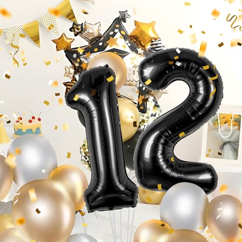 Zahlen luftballon 12 jahre | Schwarz Folienballon-40"12 Geburtstagsdeko -12 Ballon Zahl Deko zum Geburtstag fliegt mit Helium 12.Geburtstag für Männer Frauen 12.Geburtstagsparty Jubiläum von Partyhausy