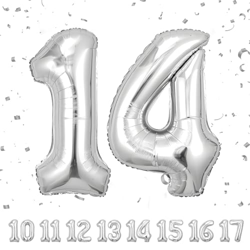 Zahlen luftballon 14 jahre | Sliber Folienballon-40"14 Geburtstagsdeko -14 Ballon Zahl Deko zum Geburtstag fliegt mit Helium 14.Geburtstag für Männer Frauen 14.Geburtstagsparty Jubiläum von Partyhausy