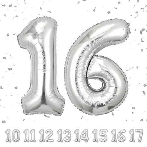 Zahlen luftballon 16 jahre | Sliber Folienballon-40"16 Geburtstagsdeko -16 Ballon Zahl Deko zum Geburtstag fliegt mit Helium 16.Geburtstag für Männer Frauen 16.Geburtstagsparty Jubiläum von Partyhausy