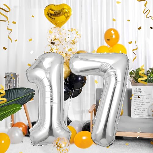 Zahlen luftballon 17 jahre | Sliber Folienballon-40"17 Geburtstagsdeko -17 Ballon Zahl Deko zum Geburtstag fliegt mit Helium 17.Geburtstag für Männer Frauen 17.Geburtstagsparty Jubiläum von Partyhausy