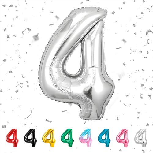alloon Geburtstag zahlen Silber luftballon 4 jahre | Folienballon 4 -für Mädchen Junge Folienballon in 40"Geburtstagsdeko - Kindergeburtstag Ballon Zahl Deko zum Geburtstag - fliegt mit Helium von Partyhausy