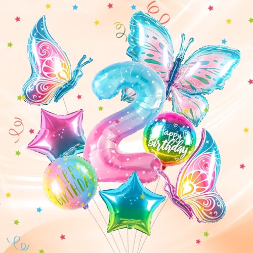 ballon 2 Jahre Schmetterling Geburtstag Deko zahlen luftballon 2 jahre | Bunt Schmetterlinge Geburtstagsdeko Folienballon - für 2. Geburtstag Mädchen Deko - fliegt mit Helium von Partyhausy