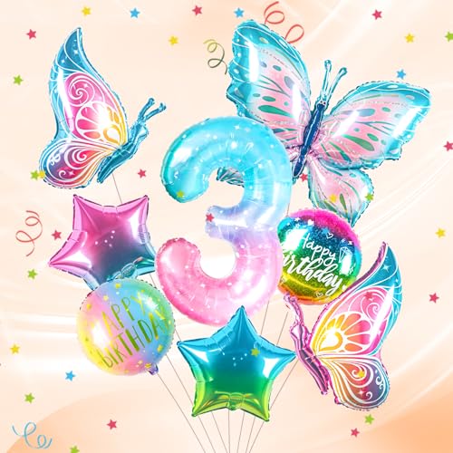ballon 3 Jahre Schmetterling Geburtstag Deko zahlen luftballon 3 jahre | Bunt Schmetterlinge Geburtstagsdeko Folienballon - für 3. Geburtstag Mädchen Deko - fliegt mit Helium von Partyhausy