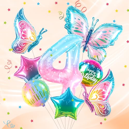 ballon 4 Jahre Schmetterling Geburtstag Deko zahlen luftballon 4 jahre | Bunt Schmetterlinge Geburtstagsdeko Folienballon - für 4. Geburtstag Mädchen Deko - fliegt mit Helium von Partyhausy