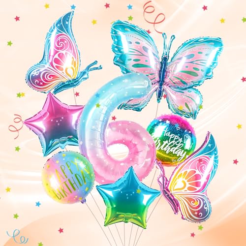ballon 6 Jahre Schmetterling Geburtstag Deko zahlen luftballon 6 jahre | Bunt Schmetterlinge Geburtstagsdeko Folienballon - für 6. Geburtstag Mädchen Deko - fliegt mit Helium von Partyhausy