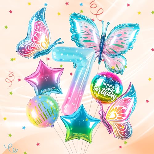 ballon 7 Jahre Schmetterling Geburtstag Deko zahlen luftballon 7 jahre | Bunt Schmetterlinge Geburtstagsdeko Folienballon - für 7. Geburtstag Mädchen Deko - fliegt mit Helium von Partyhausy