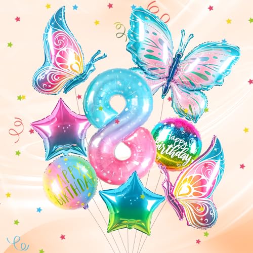 ballon 8 Jahre Schmetterling Geburtstag Deko zahlen luftballon 8 jahre | Bunt Schmetterlinge Geburtstagsdeko Folienballon - für 8. Geburtstag Mädchen Deko - fliegt mit Helium von Partyhausy