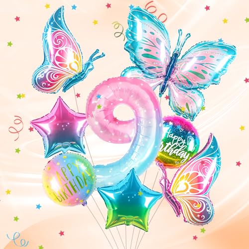 ballon 9 Jahre Schmetterling Geburtstag Deko zahlen luftballon 9 jahre | Bunt Schmetterlinge Geburtstagsdeko Folienballon - für 9. Geburtstag Mädchen Deko - fliegt mit Helium von Partyhausy