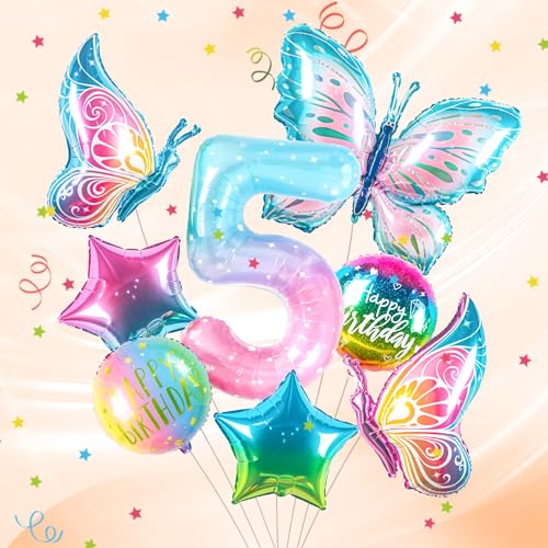 ballon 5 Jahre Schmetterling Geburtstag Deko zahlen luftballon 5 jahre | Bunt Schmetterlinge Geburtstagsdeko Folienballon - für 5. Geburtstag Mädchen Deko - fliegt mit Helium von Partyhausy