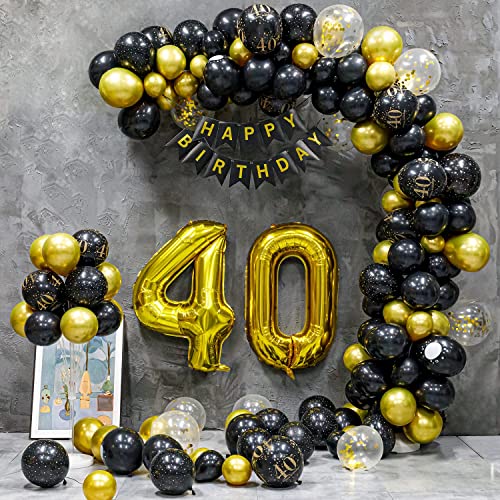 40 Geburtstag Deko, 40 Geburtstag Frauen Männer,40 Jahre Geburtstagdeko, Happy Birthday Girlande Ballon Schwarz Gold Dekoration, Deko 40 Geburtstag Luftballons Birthday Party von Partyhausy