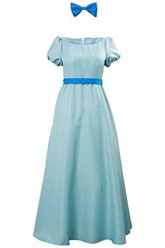 Partymall Damen Wendy Cosplay Kostüm Blau Kleid Outfit Halloween Prinzessin Kleid Gürtel Schleife Tiara Set (Blau, XL) von Partymall