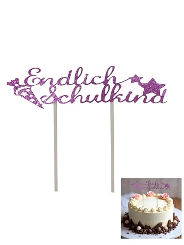 2025 Endlich Schulkind Torten Topper Glitzernd, Kuchendeko Schulanfang, für Schuleinführung Einschulung Schulanfang von Jungs und Mädchen Topper Kuchendeckel (Lila) von Partyzeit