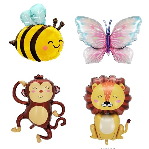 4 Stück Folienballon Dschungel Deko Geburtstag,Luftballons Tiere,Waldtiere Kinderluftballons,Löwe Affe Bienen Schmetterlinge Helium Ballons Junge Mädchen Geburtstagsdeko (4 Stück) von Partyzeit