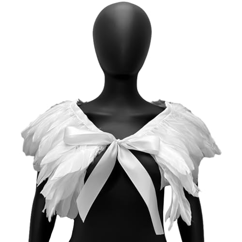 Pasdrucn Federkragen Chwarzer Kostüm Damen,Damen Natural Feather Schal,Gothic Feder Cape Poncho,Halloween Shrug Schwarz Poncho Kragen,Feder Achselzucken Schal Für Foto Requisite Cosplay (weiße) von Pasdrucn