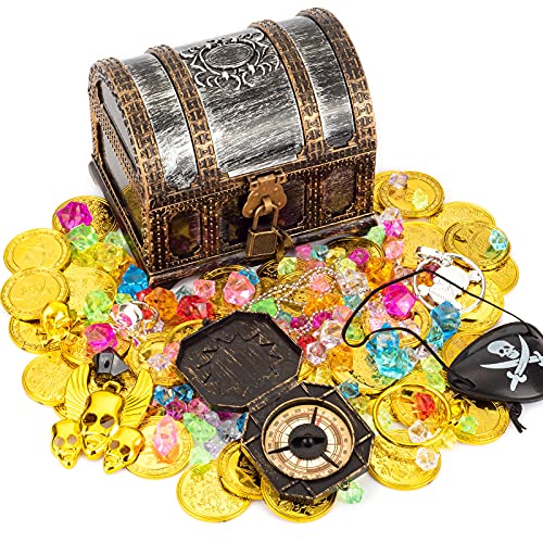 Pashali Piratenschatz Spielzeug Schatzkiste für Kinder, Piraten Schatztruhe Set mit Schloss enthält Kompass, Piraten Augenklappe,Goldmünzen,Schmucksteine,usw. von Pashali