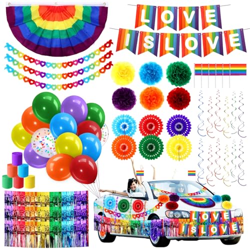 Pasimy 58 Stück Pride Day Parade Float Dekorationen Kit LGBT Gay Party Regenbogen Folie Fransen Lametta Love is Love Girlanden Fan Flagge LGBTQ Banner Luftballons Papierfächer Luftschlangen für Auto Pasimy 58 Stück Pride Day Parade Float Dekorationen Kit LGBT Gay Party Regenbogen Folie Fransen Lametta Love is Love Girlanden Fan Flagge LGBTQ Banner Luftballons Papierfächer Luftschlangen für Auto von Pasimy