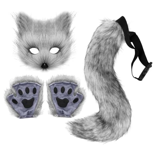 Fox Tail Therian Paws Pelzmaske Fox Tail Cat Wolf Cosplay Kostüm Set Halloween Christmas Grey Dark von Pastoralist