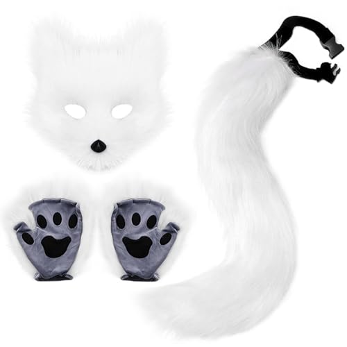 Fox Tail Therian Paws Pelzmaske Fox Tail Cat Wolf Cosplay Kostüm Set Halloween Christmas Party White von Pastoralist
