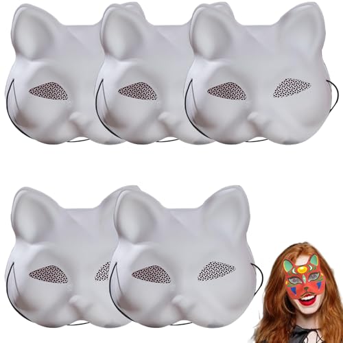 Katzenmaske Fuchsmaske | 5pcs Katzenmaske weiße Katzenmasken zum Malen von DIY -Halbdecke Therian Maske mit Augennetz & Elastic Band PVC Animal Mask für Halloween Cosplay Party Masquerade Maske Katzenmaske Fuchsmaske | 5pcs Katzenmaske weiße Katzenmasken zum Malen von DIY -Halbdecke Therian Maske mit Augennetz & Elastic Band PVC Animal Mask für Halloween Cosplay Party Masquerade Maske von Pastoralist