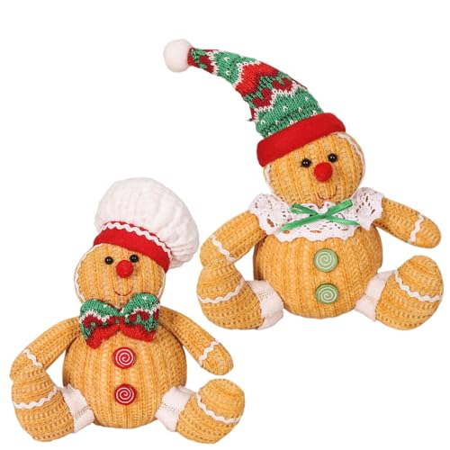 Lebkuchen Weihnachtsdekoration, Lebkuchen -Plüsch 2PCS 2 Stil Sitting Haltung Weihnachtsdekor mit Hut auf entzückende Dekoration für Zuhause, Party, Mall von Pastoralist