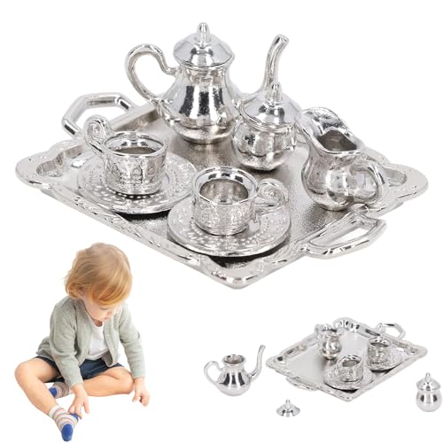 Mini -Tee -Set, Metall 1/12 Miniature -Tee -Set, Vintage -Muster winziges Tee -Set, dekorative Mini -Tee -Tassen -Tablett -Kit für Dollhouse Mini House Ornament, Mini -Tee -Set von Pastoralist