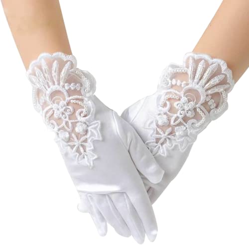 Pastoralist Blumenmädchen Handschuhe, Hochzeitsblume Mädchen Handschuhe Brautjungfer Kind Kurzes Satin ausgefallene Kostüm Prinzessin für Kommunion Weiß, 1-33 Jahre alt von Pastoralist