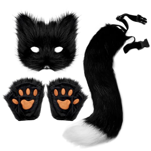 Pastoralist Pelzige Maske Fuchs Heck Therian Pfoten, Kunstfuchs Fuchs Heck Katze Wolf Cosplay Kostüm Set Halloween Weihnachtsfeier Schwarz Weiß von Pastoralist