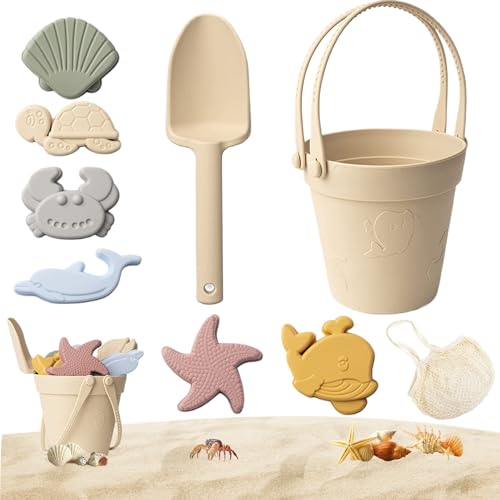 Pastoralist Sandspielzeug, 8pcs/Set Silicon Beach Spielzeug mit Schaufel, Eimer- und Sandformen, Kinder Sandkastenspielzeug, Strandspielzeug für Kleinkinder 1-3 (Beige) von Pastoralist