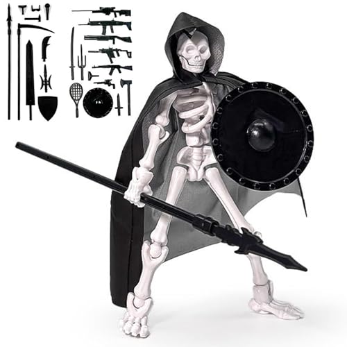 Skelett-Action-Figur, Mehrgelengter bewegliches Skelettspielzeug mit Kapuzenkap & Waffen, Plastik-Action-Figur für Sammler Desktop-Dekorationen, Spielzeug von Pastoralist